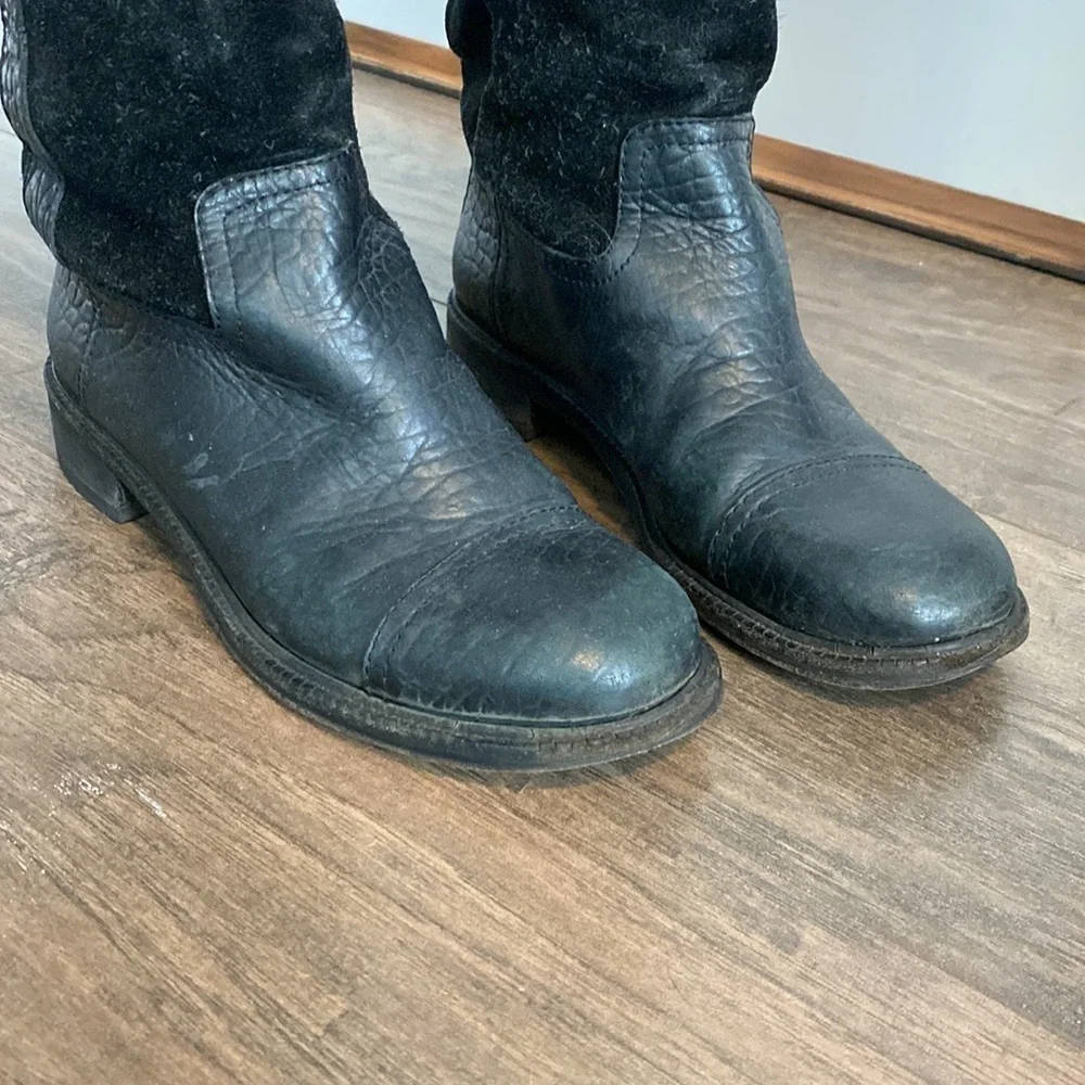 Tory Burch Moto Riding Mid Calf Pebbled Leather Boot